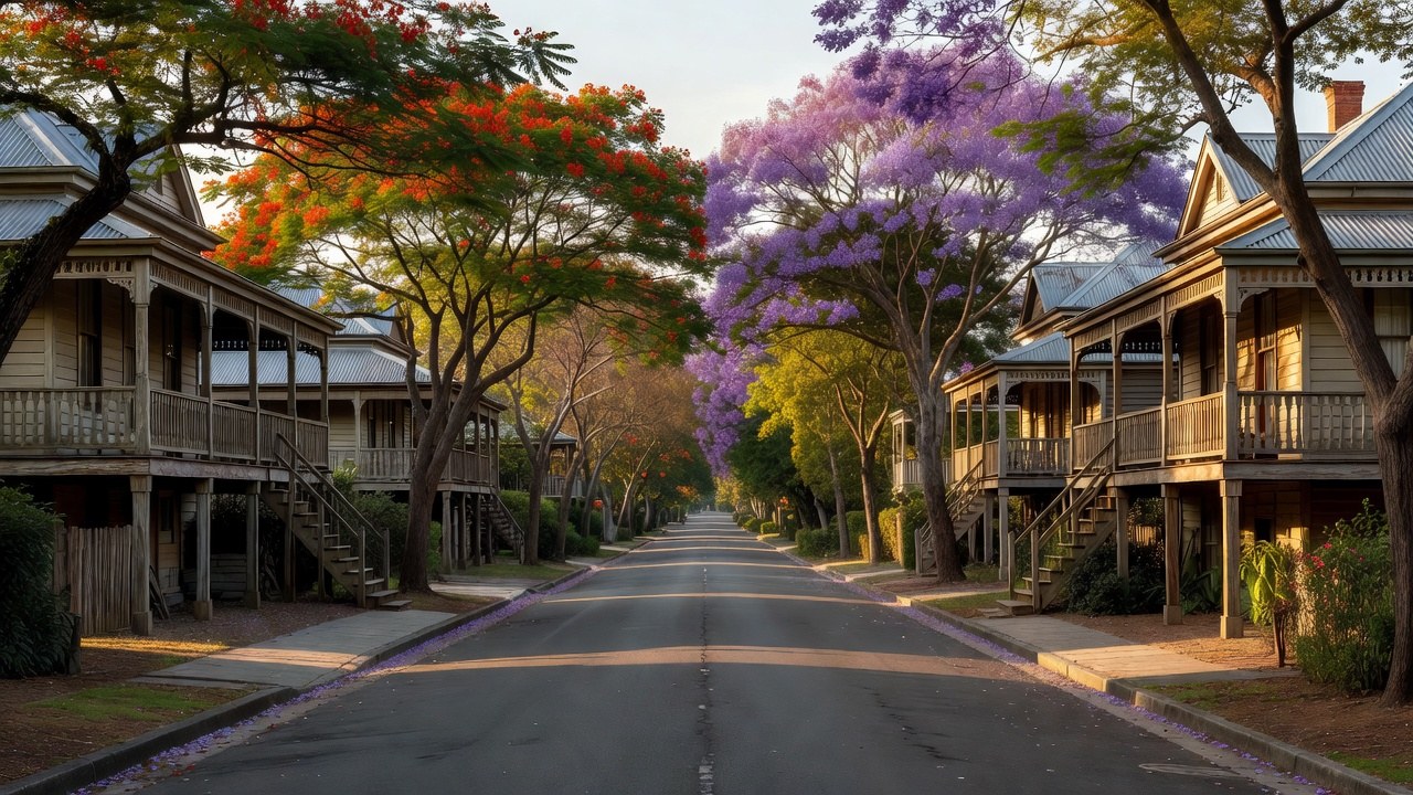 An established Brisbane street of homes with tile and iron roofs