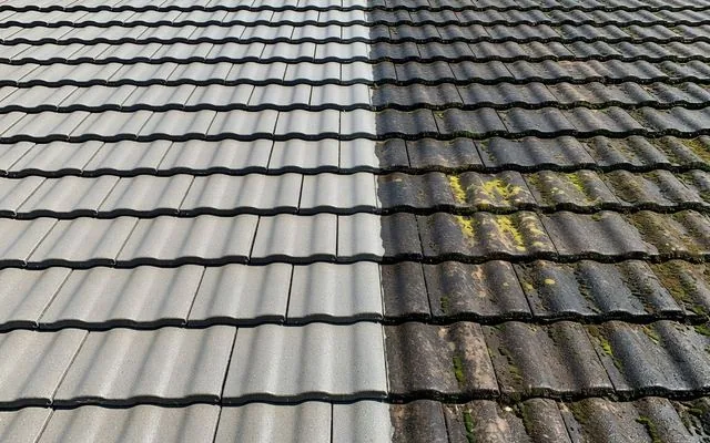 A tile roof part-cleaned, showing the contrast